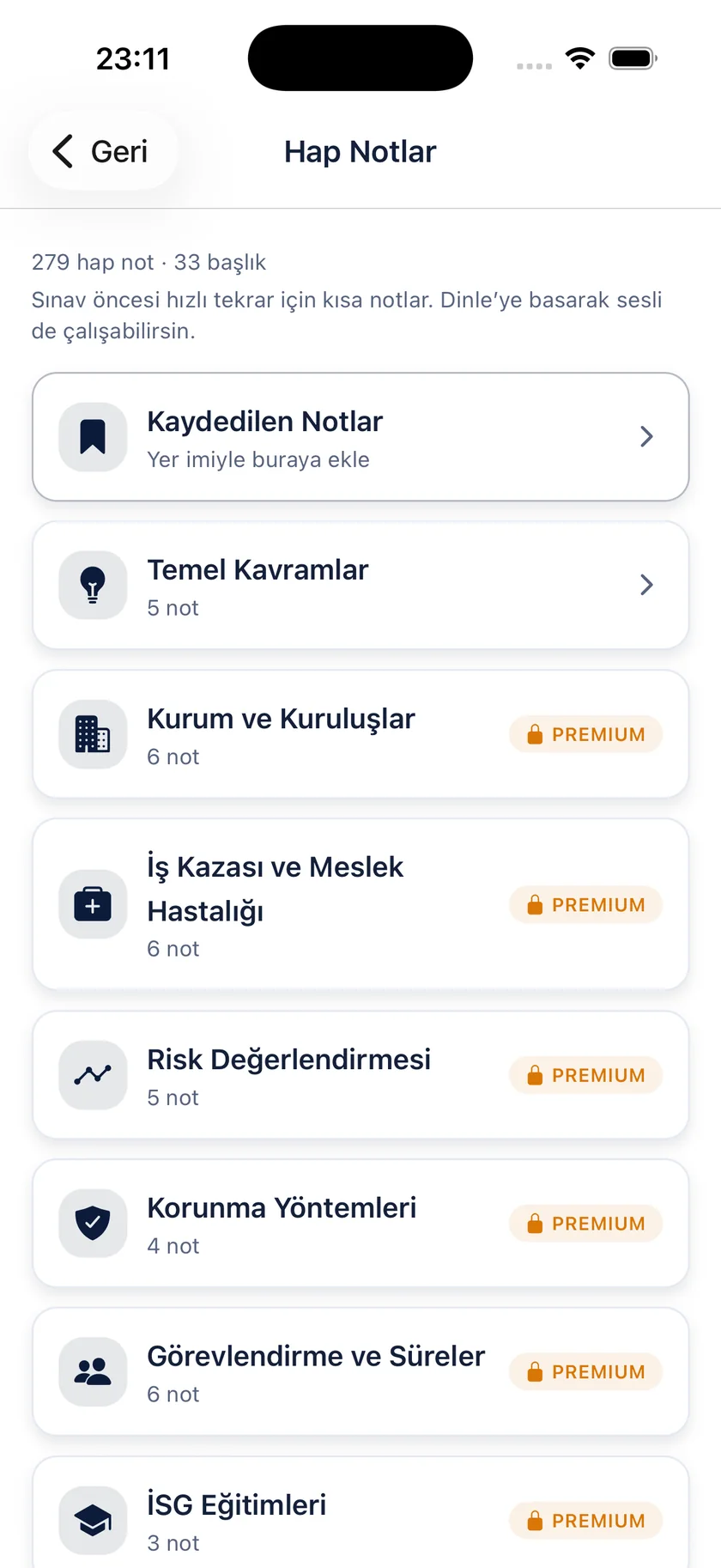 Hap Notlar ekranı: 279 hap not, 33 başlık ve kaydedilen notlar bölümü